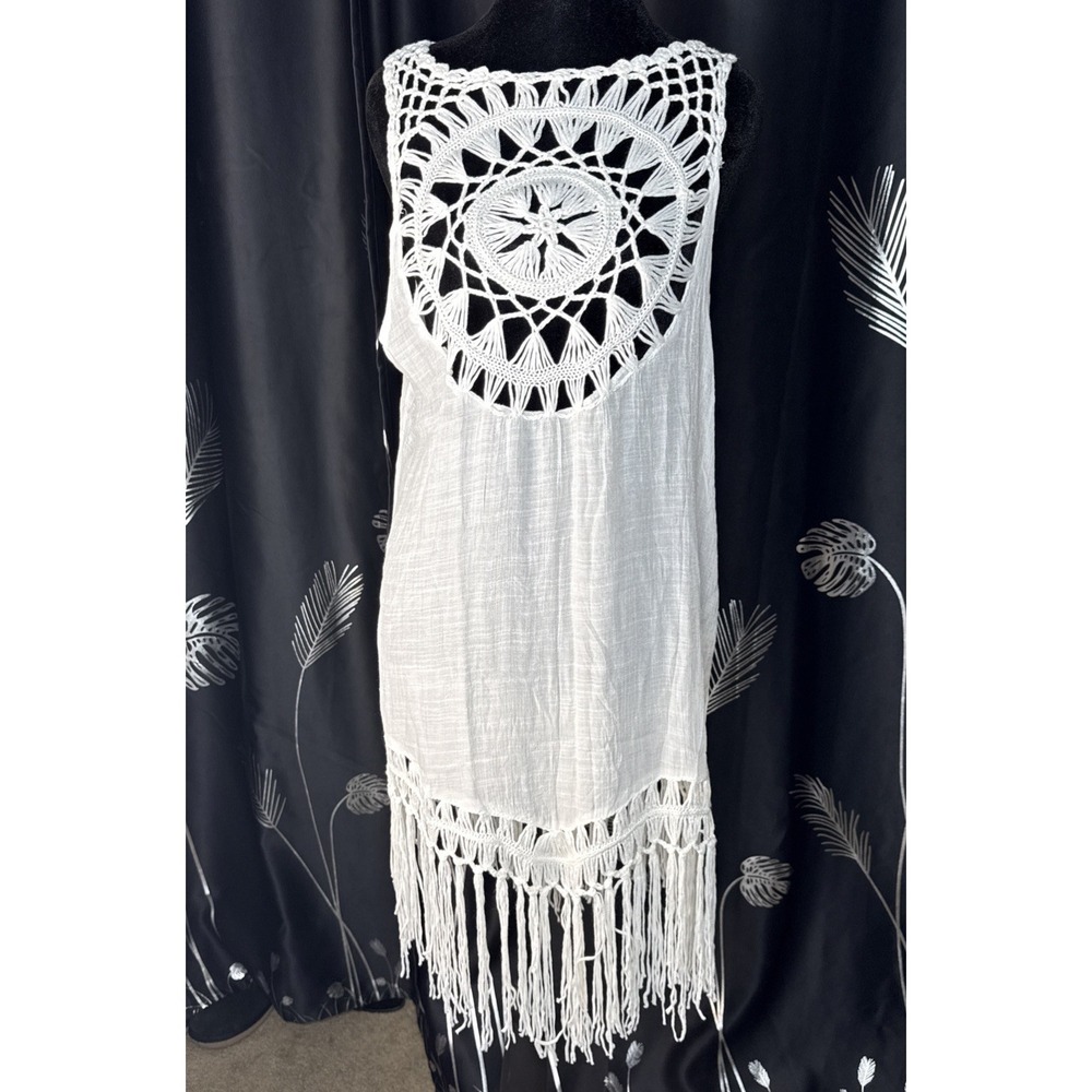 Crochet White Coquette Boho Cotton Y2K Dress Fringe  Sleeveless Small Festival